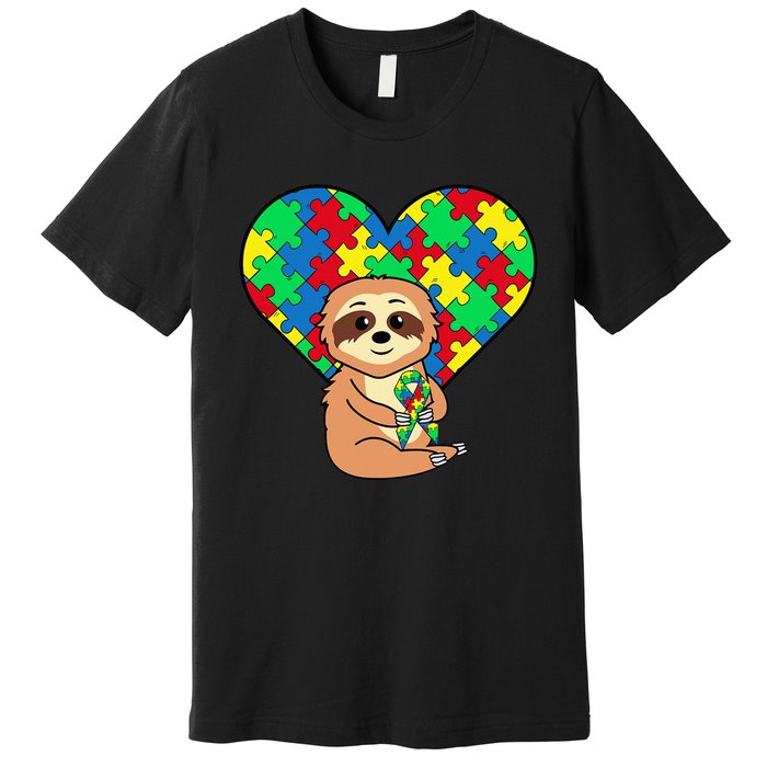 Sloth Heart Puzzle Piece Ribbon Cool Autism Awareness Gift Premium T-Shirt