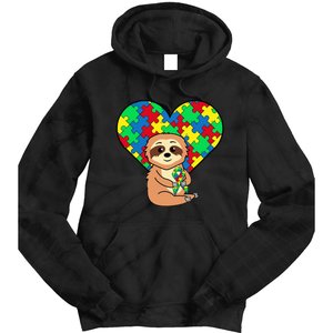 Sloth Heart Puzzle Piece Ribbon Cool Autism Awareness Gift Tie Dye Hoodie