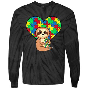 Sloth Heart Puzzle Piece Ribbon Cool Autism Awareness Gift Tie-Dye Long Sleeve Shirt