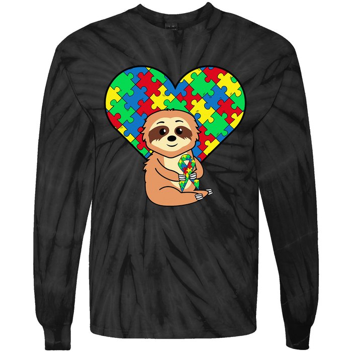 Sloth Heart Puzzle Piece Ribbon Cool Autism Awareness Gift Tie-Dye Long Sleeve Shirt