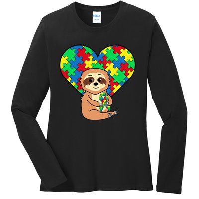 Sloth Heart Puzzle Piece Ribbon Cool Autism Awareness Gift Ladies Long Sleeve Shirt