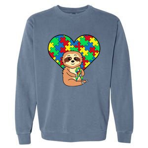 Sloth Heart Puzzle Piece Ribbon Cool Autism Awareness Gift Garment-Dyed Sweatshirt