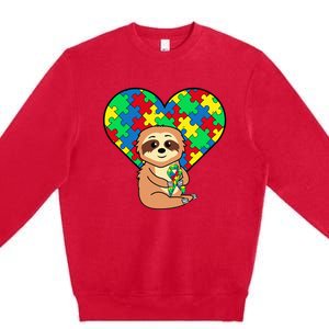 Sloth Heart Puzzle Piece Ribbon Cool Autism Awareness Gift Premium Crewneck Sweatshirt