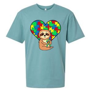 Sloth Heart Puzzle Piece Ribbon Cool Autism Awareness Gift Sueded Cloud Jersey T-Shirt