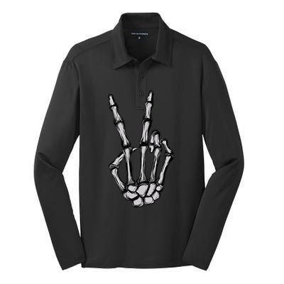 Skeleton Hand Peace Sign Funny Pocket Halloween Peace Lover Gift Silk Touch Performance Long Sleeve Polo