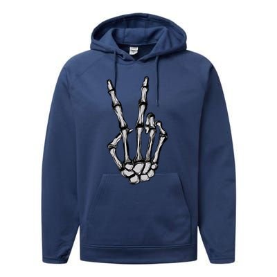 Skeleton Hand Peace Sign Funny Pocket Halloween Peace Lover Gift Performance Fleece Hoodie