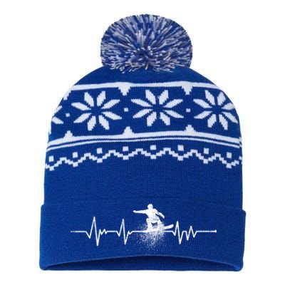 Snowboarding Heartbeat Pulse Distressed For Ski Lovers Cute Gift USA-Made Snowflake Beanie