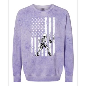 Skeleton Hockey Playing American Flag Ice Hockey Halloween Funny Gift Colorblast Crewneck Sweatshirt