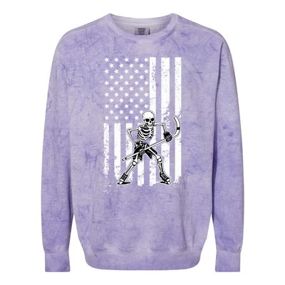 Skeleton Hockey Playing American Flag Ice Hockey Halloween Funny Gift Colorblast Crewneck Sweatshirt