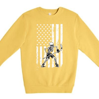 Skeleton Hockey Playing American Flag Ice Hockey Halloween Funny Gift Premium Crewneck Sweatshirt