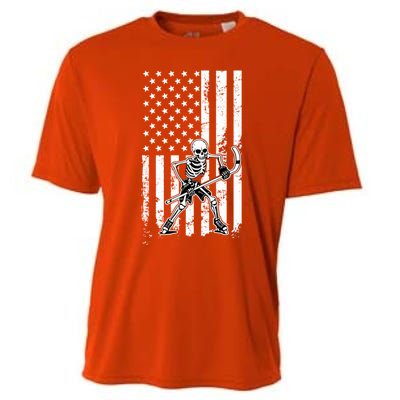 Skeleton Hockey Playing American Flag Ice Hockey Halloween Funny Gift Cooling Performance Crew T-Shirt