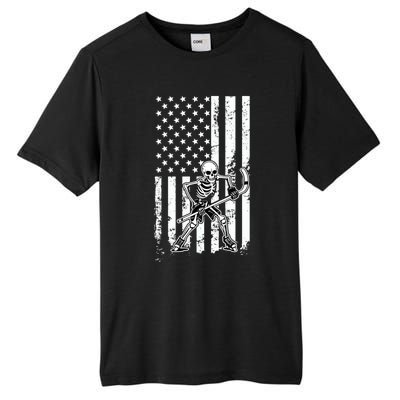 Skeleton Hockey Playing American Flag Ice Hockey Halloween Funny Gift Tall Fusion ChromaSoft Performance T-Shirt