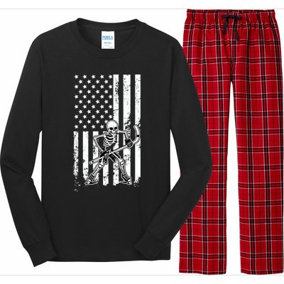 Skeleton Hockey Playing American Flag Ice Hockey Halloween Funny Gift Long Sleeve Pajama Set