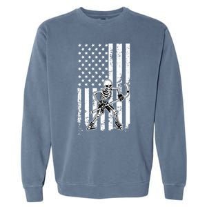 Skeleton Hockey Playing American Flag Ice Hockey Halloween Funny Gift Garment-Dyed Sweatshirt