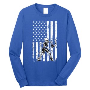 Skeleton Hockey Playing American Flag Ice Hockey Halloween Funny Gift Long Sleeve Shirt