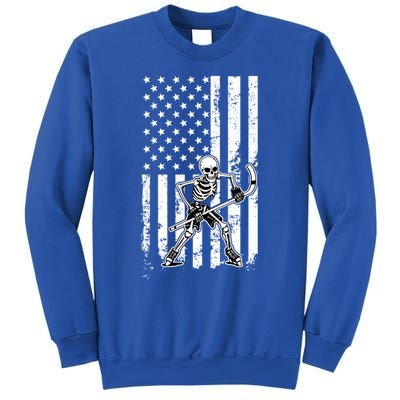 Skeleton Hockey Playing American Flag Ice Hockey Halloween Funny Gift Sweatshirt