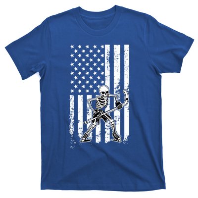 Skeleton Hockey Playing American Flag Ice Hockey Halloween Funny Gift T-Shirt