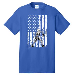 Skeleton Hockey Playing American Flag Ice Hockey Halloween Funny Gift Tall T-Shirt