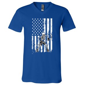 Skeleton Hockey Playing American Flag Ice Hockey Halloween Funny Gift V-Neck T-Shirt