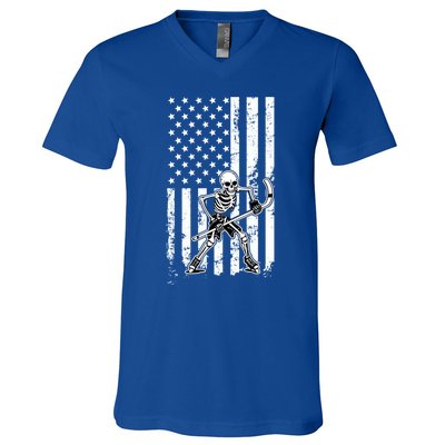 Skeleton Hockey Playing American Flag Ice Hockey Halloween Funny Gift V-Neck T-Shirt