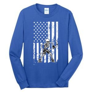 Skeleton Hockey Playing American Flag Ice Hockey Halloween Funny Gift Tall Long Sleeve T-Shirt