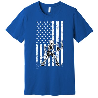 Skeleton Hockey Playing American Flag Ice Hockey Halloween Funny Gift Premium T-Shirt