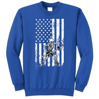 Skeleton Hockey Playing American Flag Ice Hockey Halloween Funny Gift Tall Sweatshirt