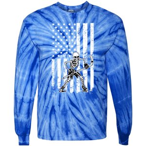 Skeleton Hockey Playing American Flag Ice Hockey Halloween Funny Gift Tie-Dye Long Sleeve Shirt