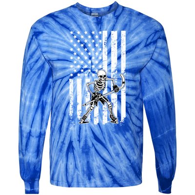 Skeleton Hockey Playing American Flag Ice Hockey Halloween Funny Gift Tie-Dye Long Sleeve Shirt