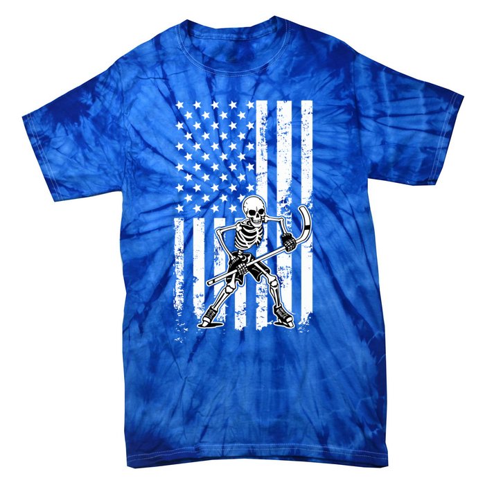 Skeleton Hockey Playing American Flag Ice Hockey Halloween Funny Gift Tie-Dye T-Shirt