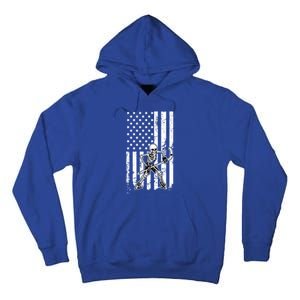 Skeleton Hockey Playing American Flag Ice Hockey Halloween Funny Gift Tall Hoodie