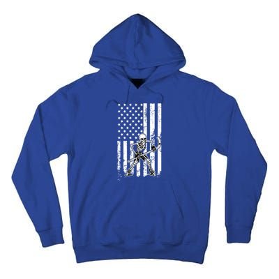 Skeleton Hockey Playing American Flag Ice Hockey Halloween Funny Gift Tall Hoodie