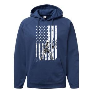 Skeleton Hockey Playing American Flag Ice Hockey Halloween Funny Gift Performance Fleece Hoodie