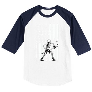 Skeleton Hockey Playing American Flag Ice Hockey Halloween Funny Gift Baseball Sleeve Shirt