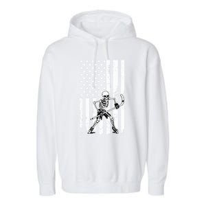 Skeleton Hockey Playing American Flag Ice Hockey Halloween Funny Gift Garment-Dyed Fleece Hoodie