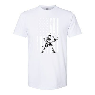 Skeleton Hockey Playing American Flag Ice Hockey Halloween Funny Gift Softstyle CVC T-Shirt