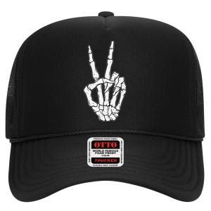 Skeleton Hand Peace Sign Bone High Crown Mesh Back Trucker Hat