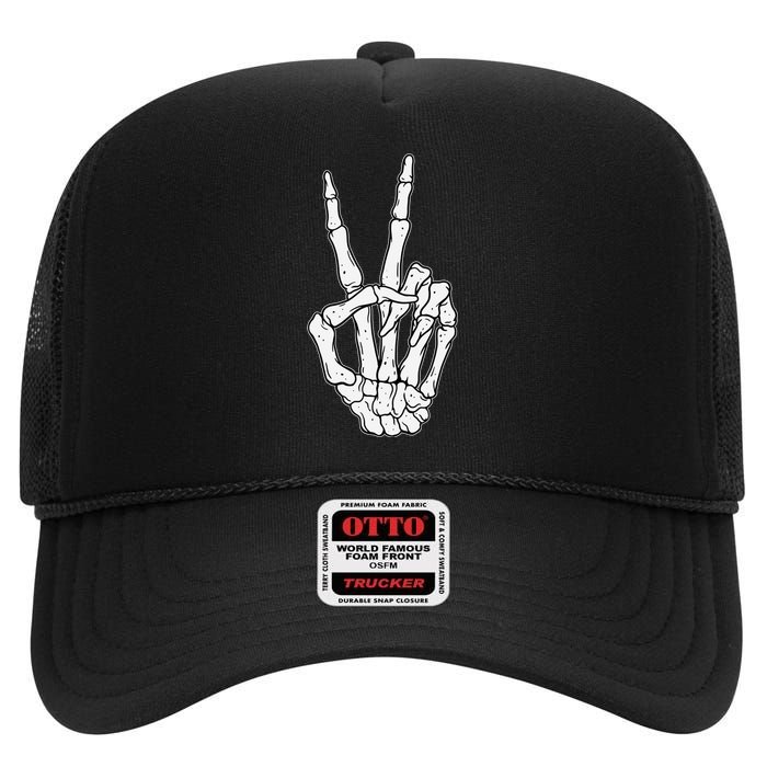 Skeleton Hand Peace Sign Bone High Crown Mesh Back Trucker Hat