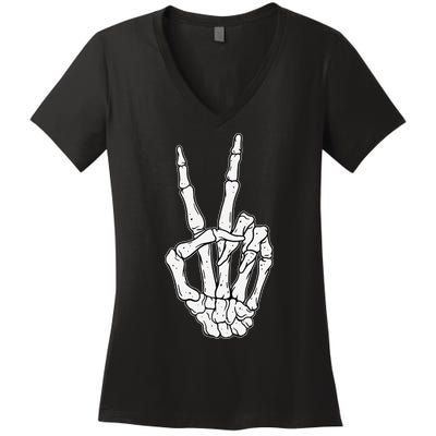 Skeleton Hand Peace Sign Bone Women's V-Neck T-Shirt