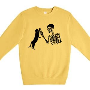 Skeleton Hand Playing Cat Funny Halloween Costume Skull Premium Crewneck Sweatshirt