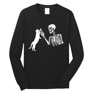 Skeleton Hand Playing Cat Funny Halloween Costume Skull Long Sleeve Shirt