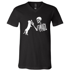 Skeleton Hand Playing Cat Funny Halloween Costume Skull V-Neck T-Shirt