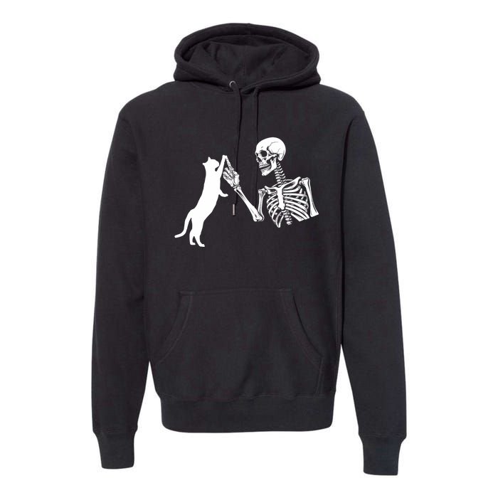 Skeleton Hand Playing Cat Funny Halloween Costume Skull Premium Hoodie