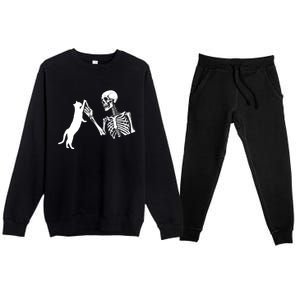 Skeleton Hand Playing Cat Funny Halloween Costume Skull Premium Crewneck Sweatsuit Set