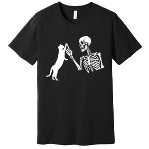 Skeleton Hand Playing Cat Funny Halloween Costume Skull Premium T-Shirt