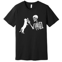 Skeleton Hand Playing Cat Funny Halloween Costume Skull Premium T-Shirt