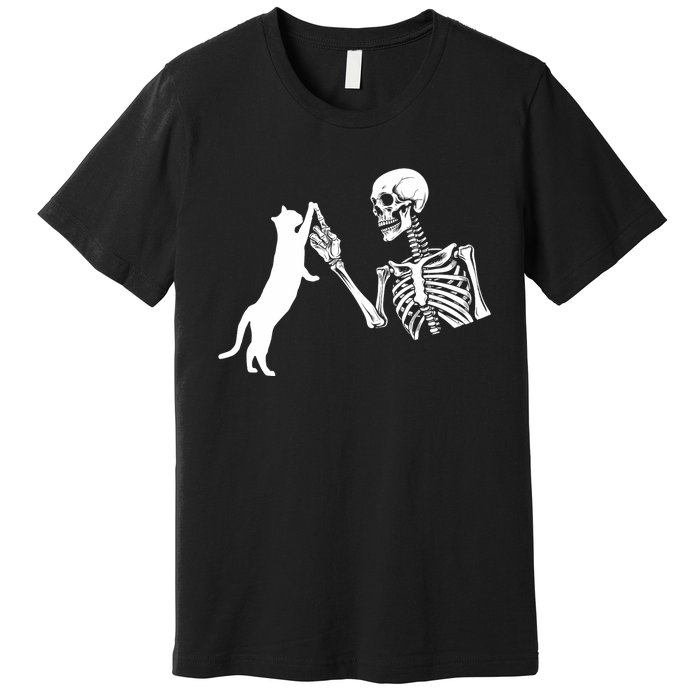 Skeleton Hand Playing Cat Funny Halloween Costume Skull Premium T-Shirt