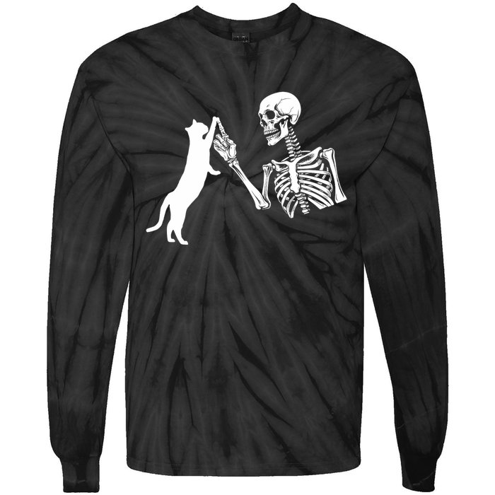 Skeleton Hand Playing Cat Funny Halloween Costume Skull Tie-Dye Long Sleeve Shirt