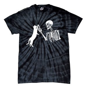 Skeleton Hand Playing Cat Funny Halloween Costume Skull Tie-Dye T-Shirt