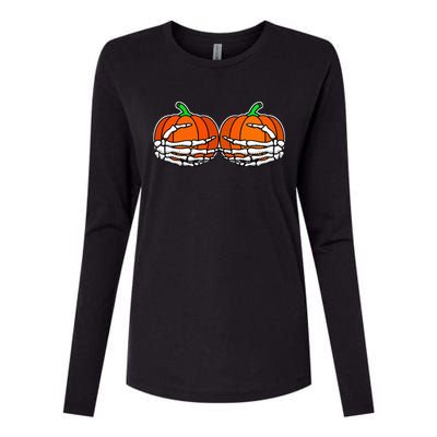 Spooky Halloween Pumpkin with Skeleton Hand Design Womens Cotton Relaxed Long Sleeve T-Shirt